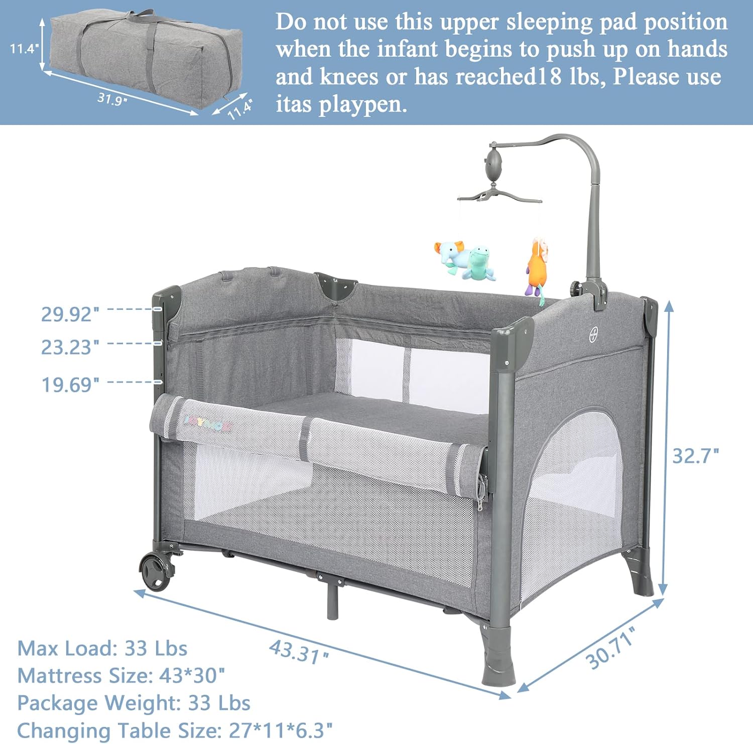 JOYMOR 5 in 1 Baby Bassinet with Changing Table, Portable Pack and Play with Bassinet, Mattress, Sheet, Toy, Wheels, Carry Bag for Boys Girls Diaper Gift
