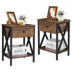 Segawe 2 Pack X-Design End Table Metal Frame Sofa Table Bedside Table Storage Organizer Display, Brown