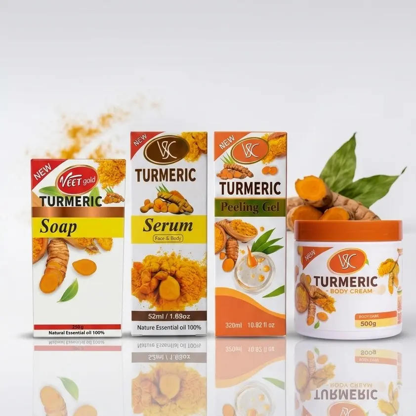Brightening Turmeric body repair set of 4 face and body cream ,peeling gel, soap, serum