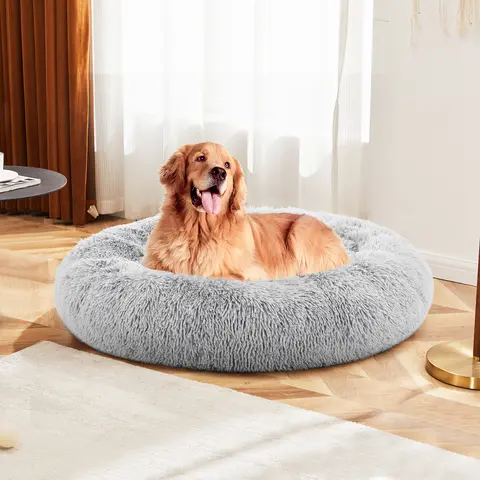 Sweetcrispy Faux Fur Round Dog Bed - Plush, Cozy, Washable, Anti-Slip Puppy Bed for Medium to Large Dogs, Indoor Sleeping Use