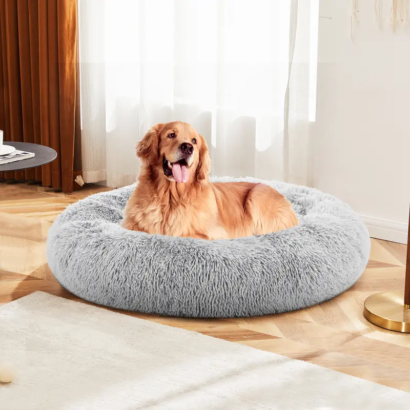Sweetcrispy Faux Fur Round Dog Bed - Plush, Cozy, Washable, Anti-Slip Puppy Bed for Medium to Large Dogs, Indoor Sleeping Use