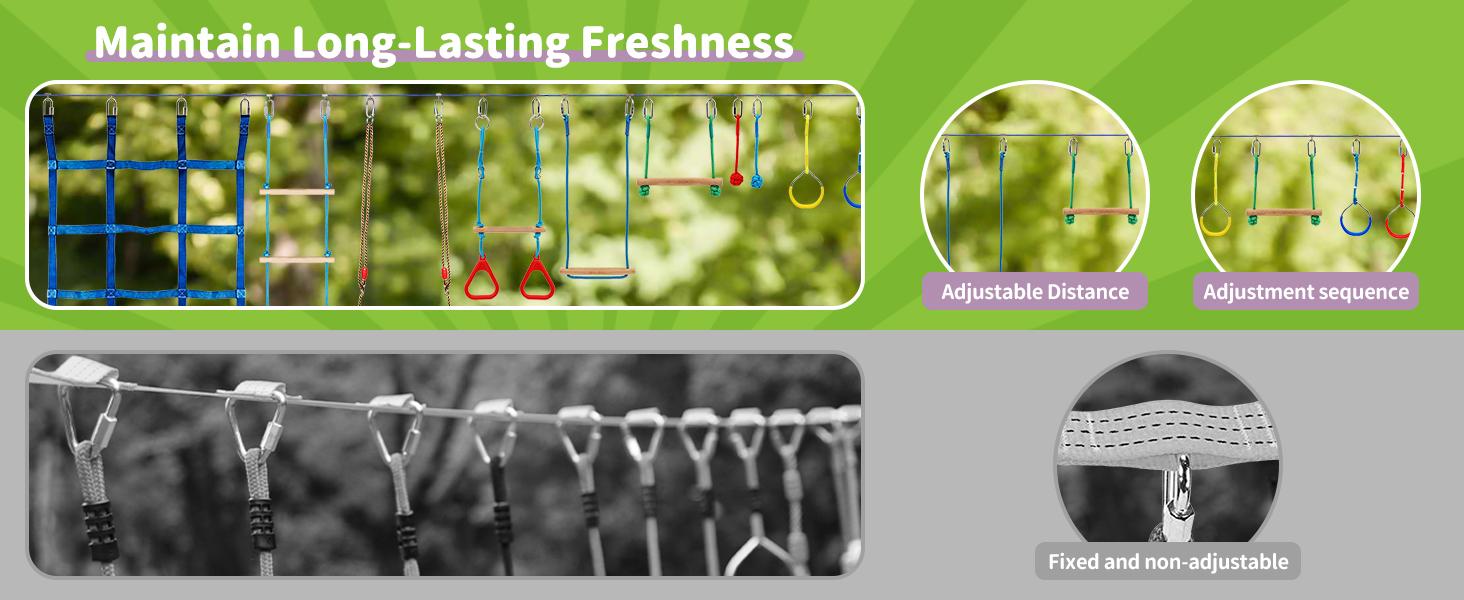 65 FT Warrior Course for Kids with 12 Accessories - 600lbs Weight Capacity, Slackline with Swing Seat, Disc Swing,Rope Ladder, Arm Trainer Playground Equipment Climbing Net Ninja Obstacles Gymnastic Ring Adjustable