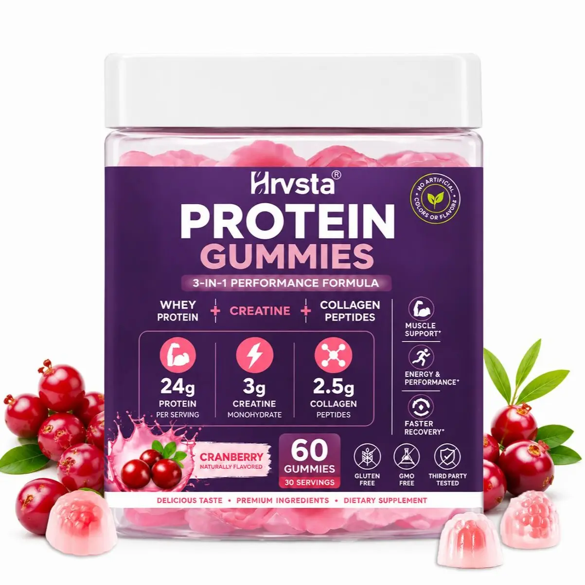 Protein Gummies with Whey Protein, Creatine & Collagen Peptides - 3-in-1 Performance Formula, 24g Protein, Energy & Muscle Support, Cranberry Flavor, 60 Gummies