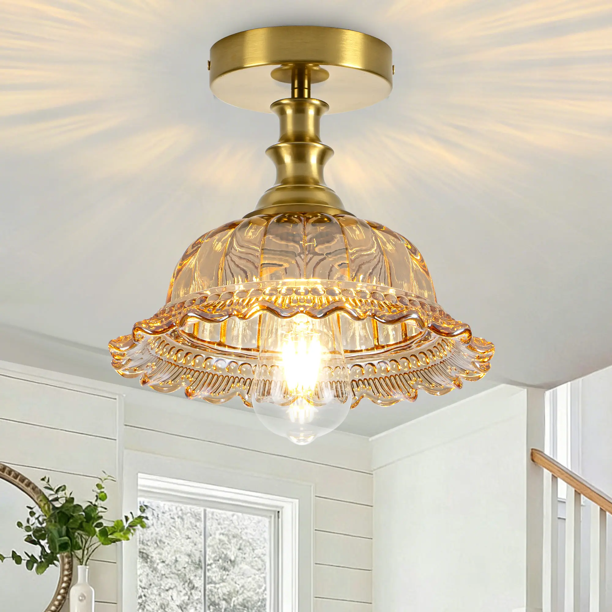 Vintage Ceiling Light Glass Flower Semi Flush，Aesthetic Ceiling Light for Kitchen Island,Dining Room&Bedroom