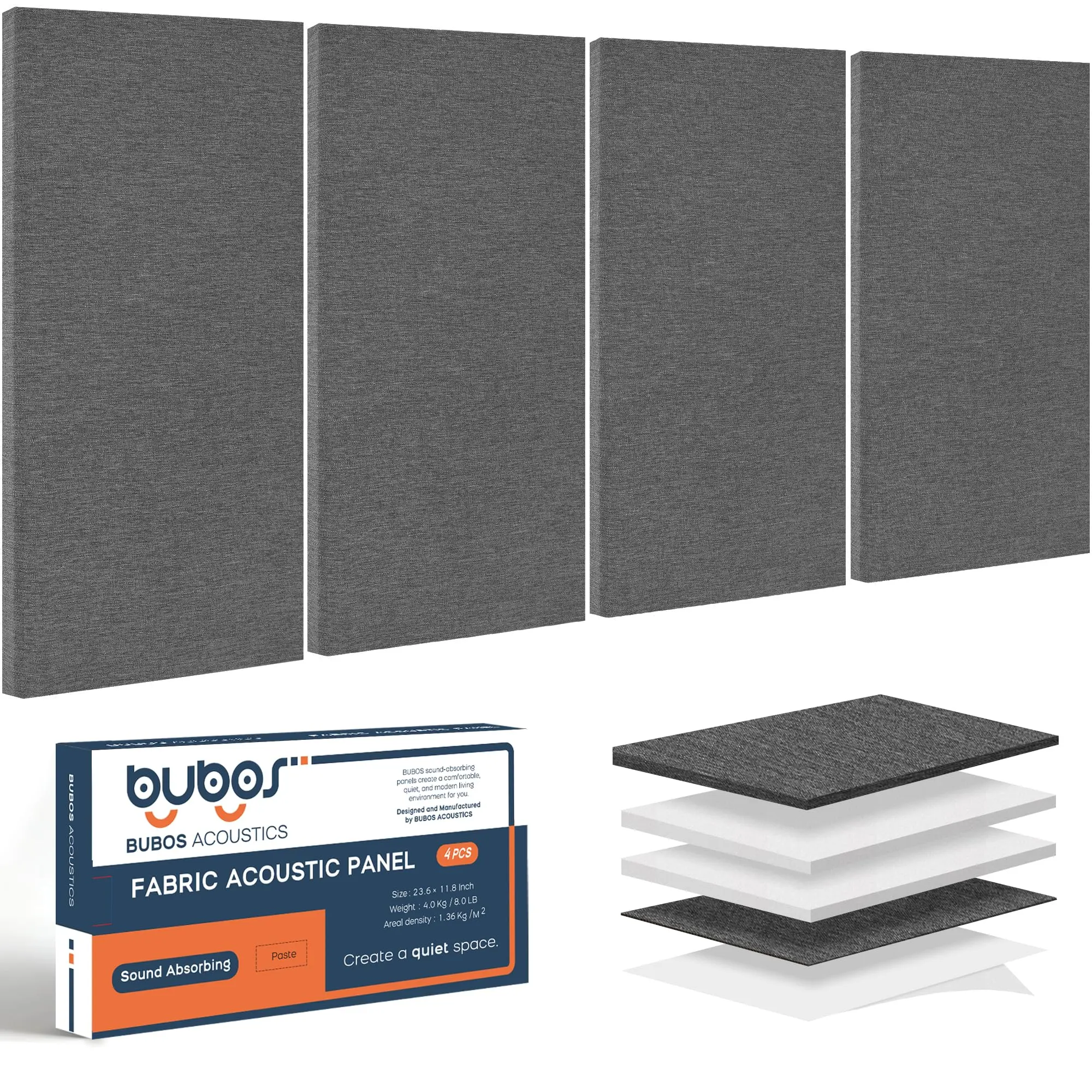 BUBOS 4 PCS Polyester Fabric-Clad Grey Soundproof Acoustic Panels, 23.6in x 11.8in Self-Adhesive Sound Absorbing Panels for Interior Studio, Gym Room, Cinema (Easy Installation)