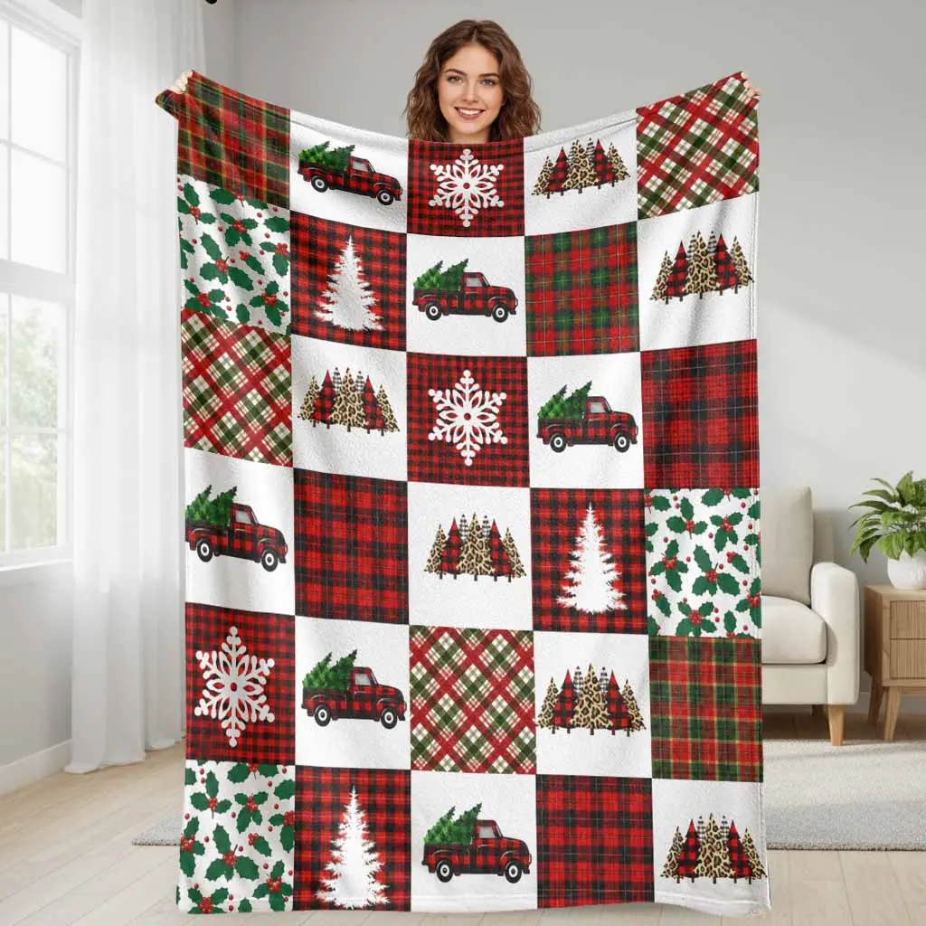 Buffalo Plaid Flannel Fabric Throw Blanket - Red Christmas Truck, Snowflake, Pine Tree Print - Ultra Soft Plush Lightweight Warm - Living Room Decor for Couch Sofa - Winter Holiday Gift Idea