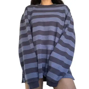 Women's loose striped shirt with round neck and oversized striped print top, pullover shirt, fairy plaid, retro T-shirt for teenage girls, 2000s blue casual