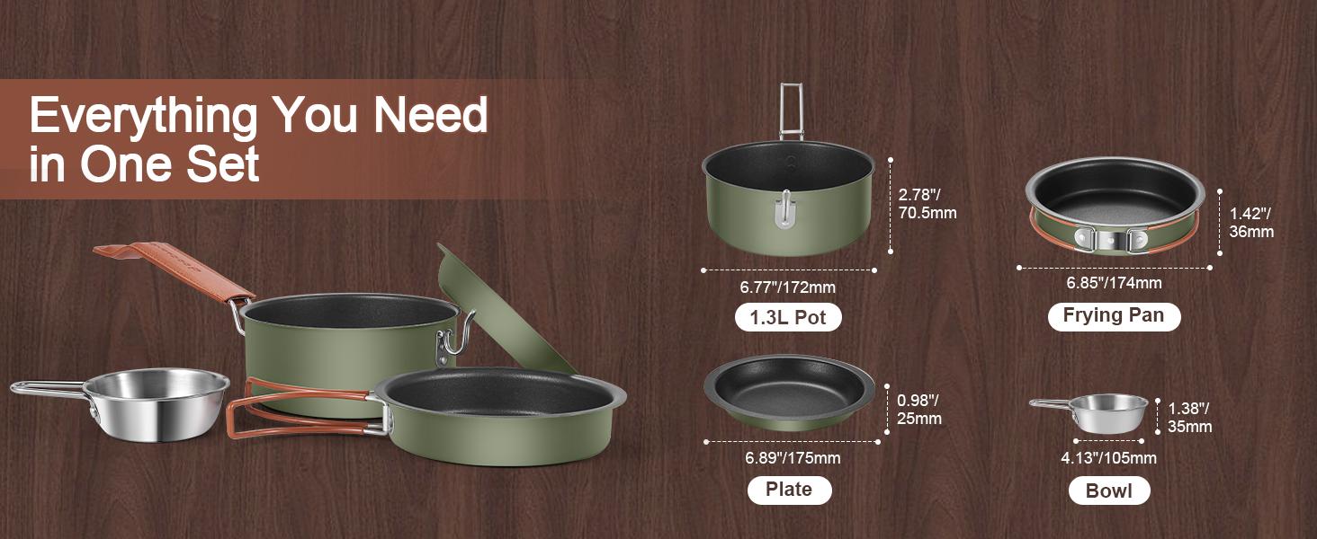 Odoland 10pcs Camping Cookware Non-Stick Camping Pot and Pan Set with Plate Bowl Fork Knife Spoon for Backpacking, Hiking, Outdoor Cooking and Picnic Travel Accessory