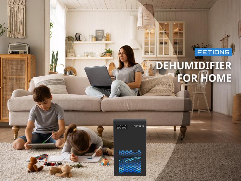 Fetions 95oz Portable Dehumidifier, High-Efficiency, Drain Hose Included, 7 Customizable Colors, Perfect for Bathroom, Bedroom, Kitchen, and Basement – Black