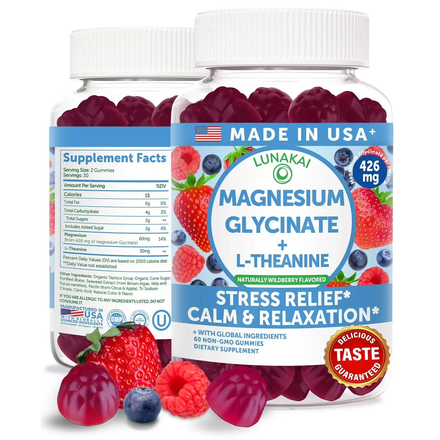 Lunakai USA Made Magnesium Glycinate Gummies 426mg with L-Theanine – Calm, Sleep, Stress Relief for Adults & Kids, Non-GMO, Vegan, 60ct