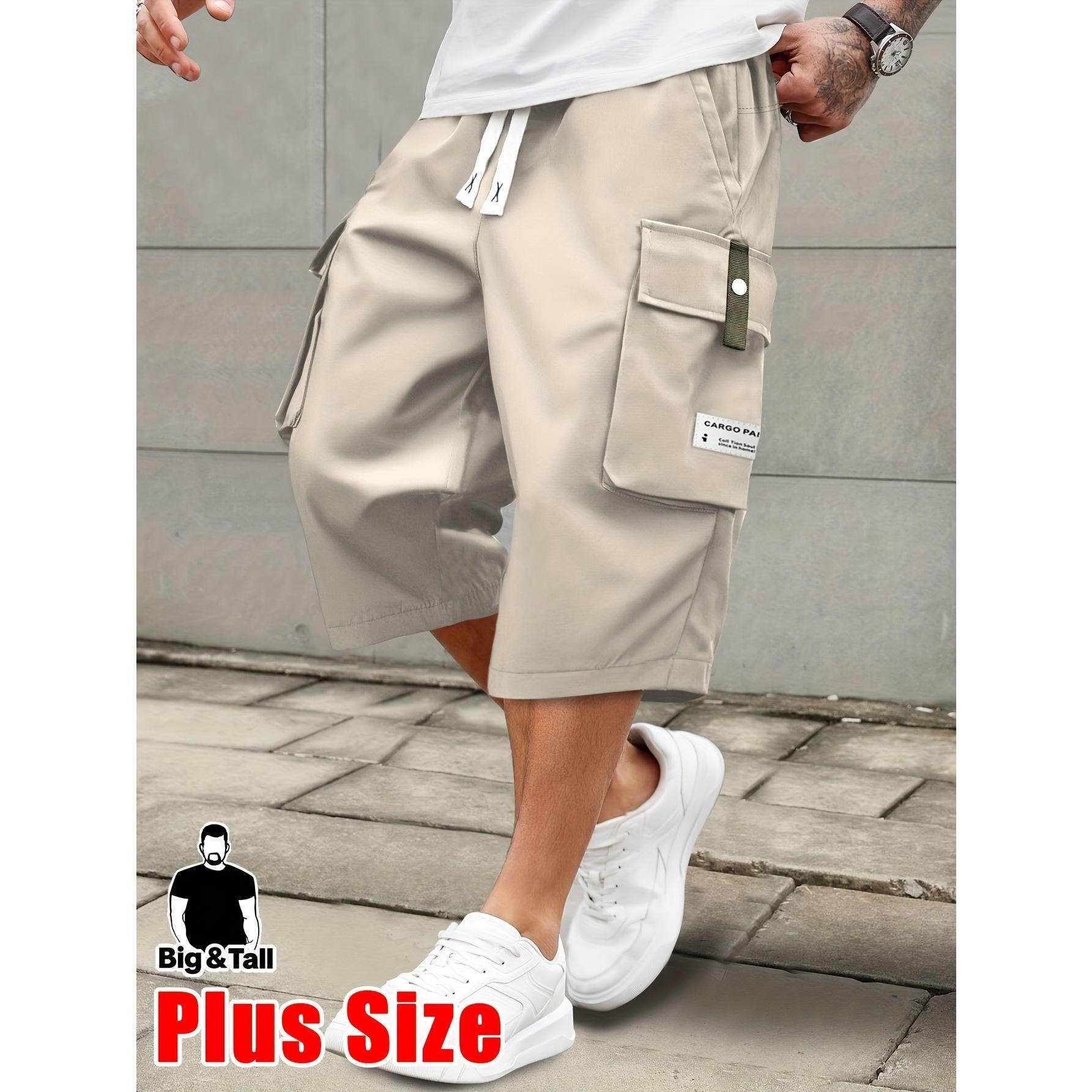 Men's plus size summer work pants - elastic drawstring waist circumference, multiple pockets and letter patches, regular mid waist non elastic fabric, opaque, suitable for daily and casual wear, Father's Day gift casual pants for summer