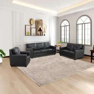 Black Faux Leather 3-Piece Sofa Set, Modern Loveseat & Chair Combo, Soft Padded Cushion, Sturdy Frame, Easy Clean Waterproof Upholstery, Space-Saving Furniture for Living Room Apartment Studio