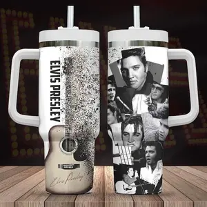 Elvis Presley 40oz Insulated Tumbler With Handle, Retro Rock Music Tumbler, Vintage Psychedelic Music Fan Cup, Rock Legend Artwork Stainless Steel Tumbler, Gift for Classic Rock Lovers, Musician Fan Drinkware