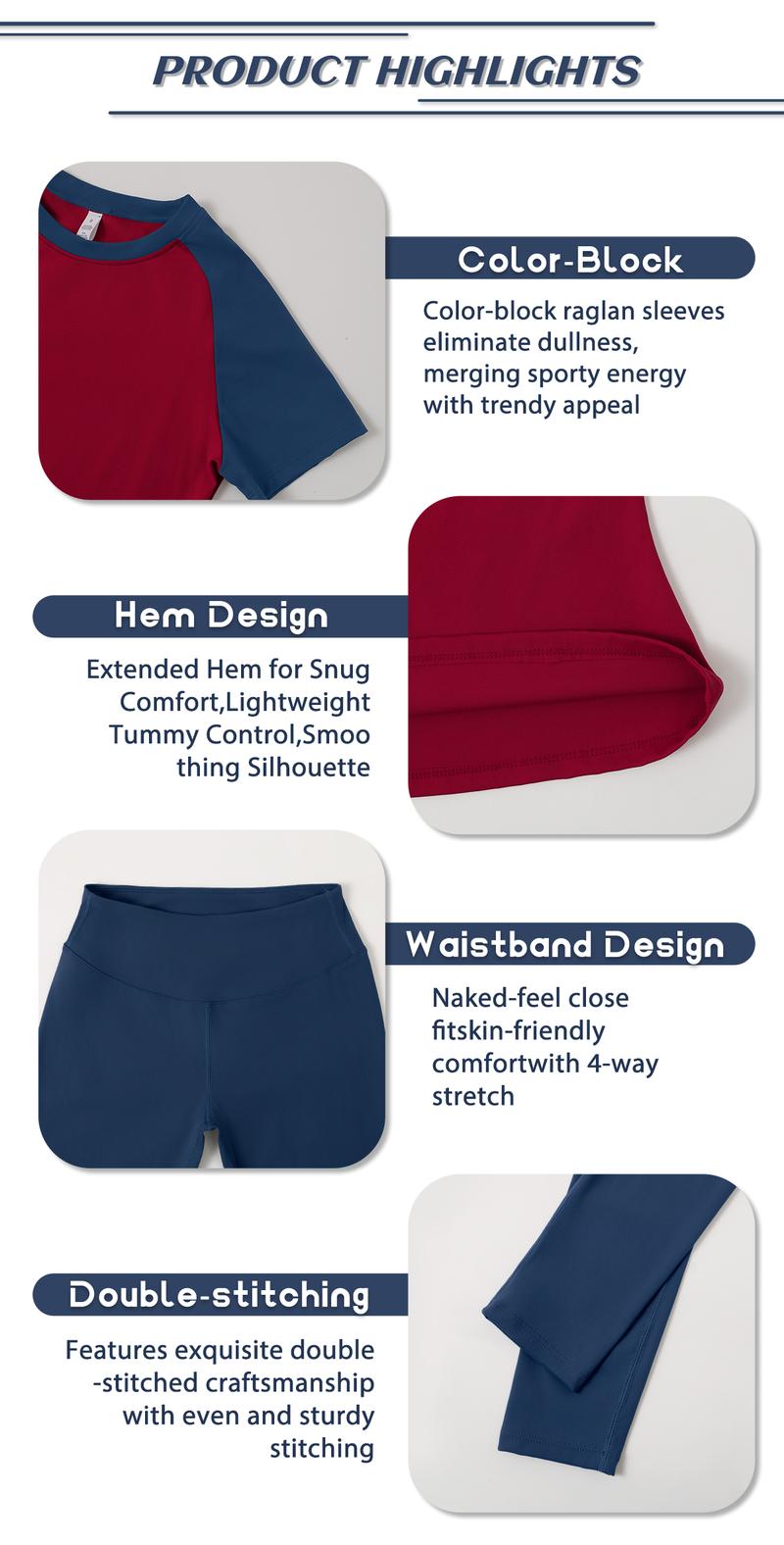 TimeOFF Women's Raglan Sleeve Color - Block Fitted Top & High - Waist Leggings Set for Stretchy Breathable Athletic Outfit for Yoga, Gym Workouts, Pilates and Casual Wear Sports Slim-Fitting sporty