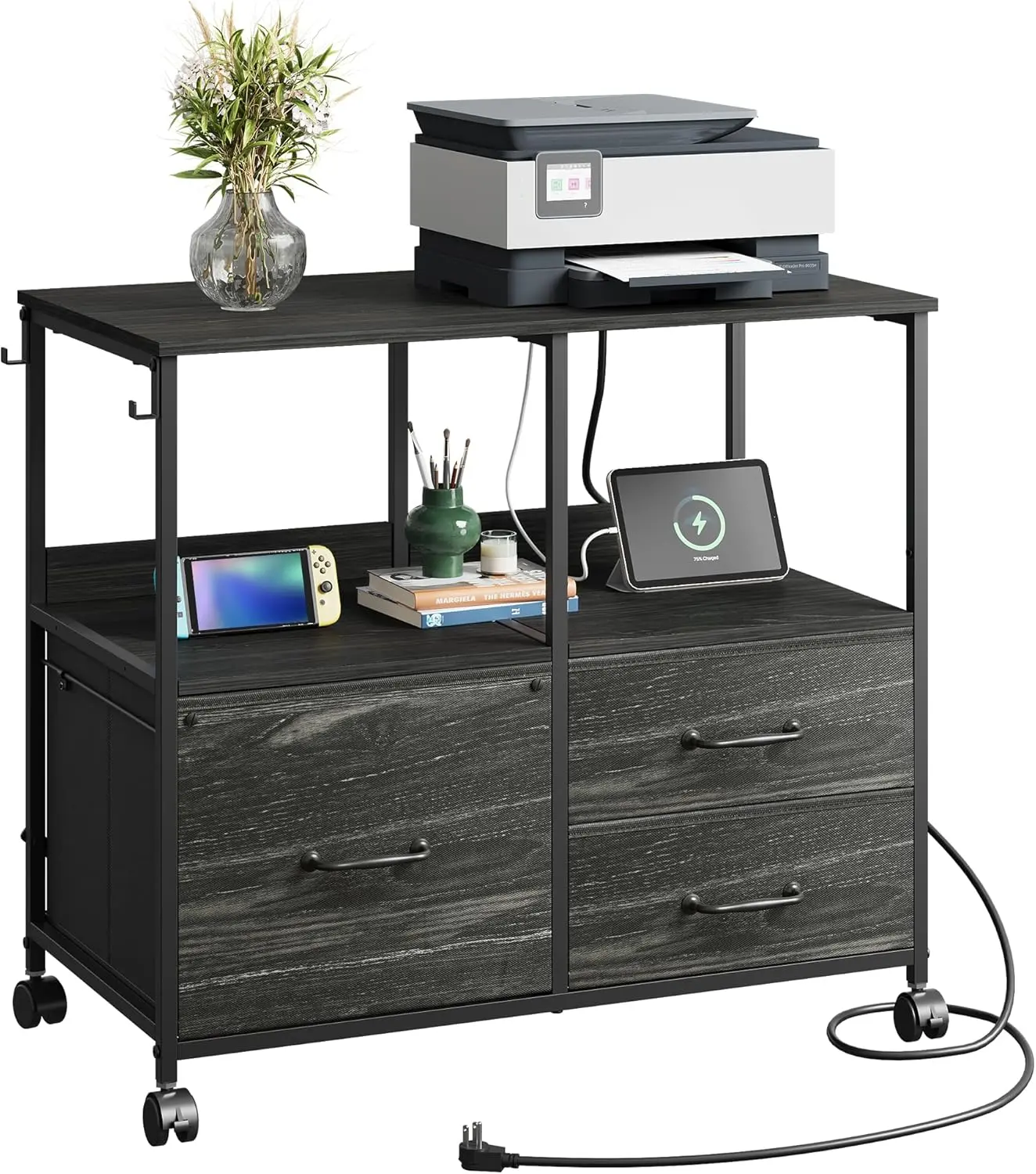 DEVAISE 3-Drawer Desk Cabinet with Charging Station, Portable Under Desk Rolling Printer Stand, Mobile Commercial Office Furniture with Charcoal Black Wood Grain Print, Desk Cabinets