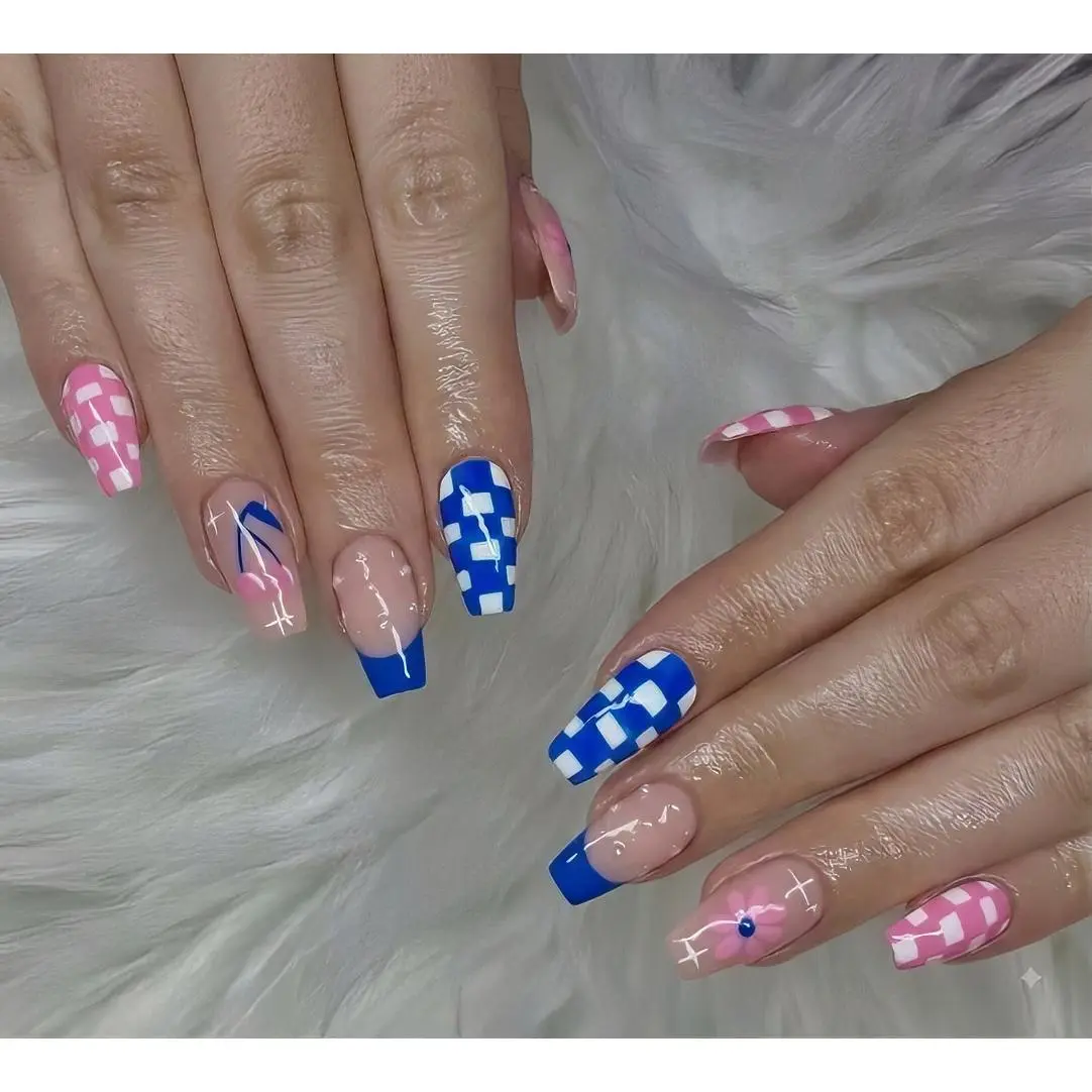 Checkered Nails with Blue and Pink Accents - Perfect for a Stylish Look
