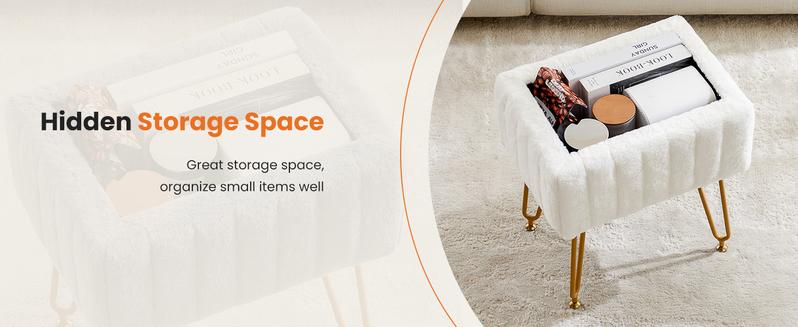 Vanity Stool Chair with Storage, Ottoman Faux Fur Soft Padded Makeup Footstools Seat Modern Footrest for Home Entryway Bedroom