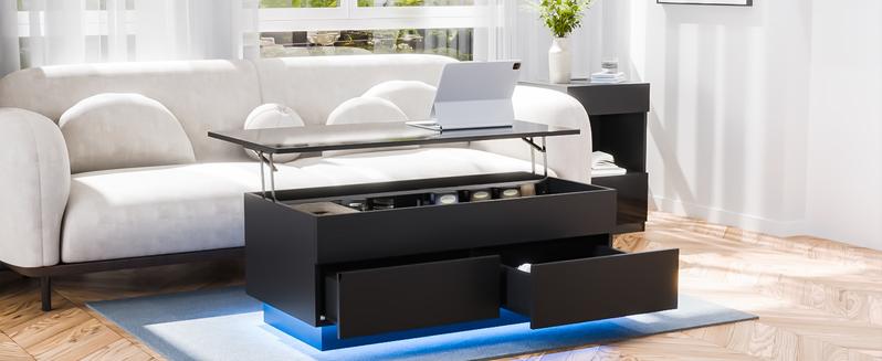 HOMMPA LED Coffee Table with Lift Top Morden Coffee Table with Storage High Gloss Black Sofa Table for Living Room Center Tables Hidden Compartment & 2 Drawers