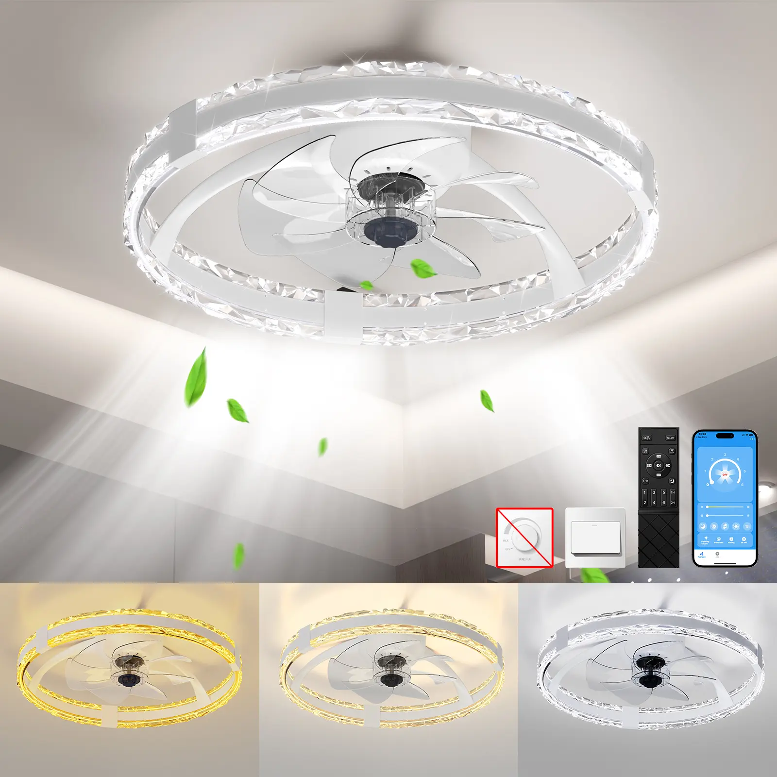 Low Profile Dimmable Ceiling Fan with Light and Remote,Ceiling Fan with 6 Speeds & 3 Color Temperature, 3000-6500K Dimmable Led Fandelier for Bedroom Livingroom, White