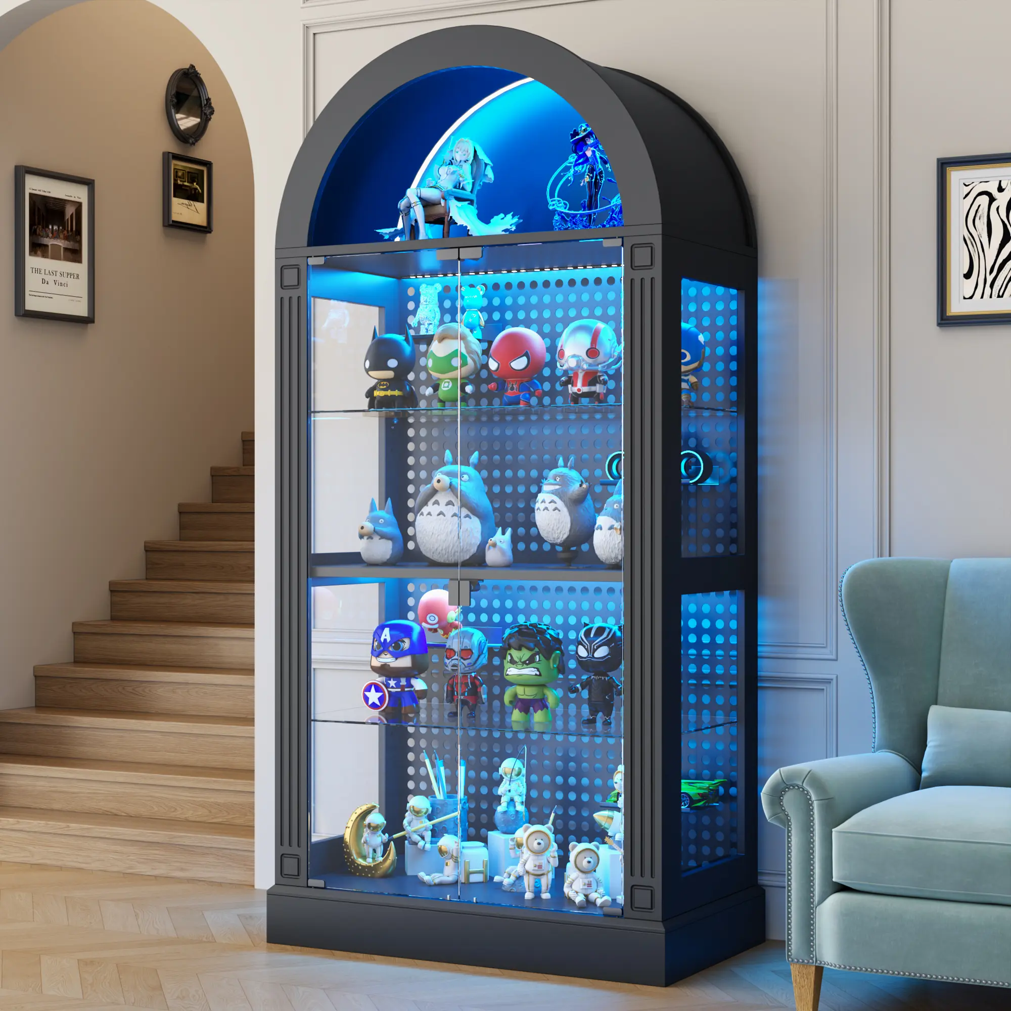 5-Tier Glass Display Cabinet with Glass Doors - 71" Tall Arched Modern Accent Adjustable Storage Cabinet, Roman Line Design, LED Lights, Collector Life Corner Display Shelf Dining Room Furniture for Collectibles