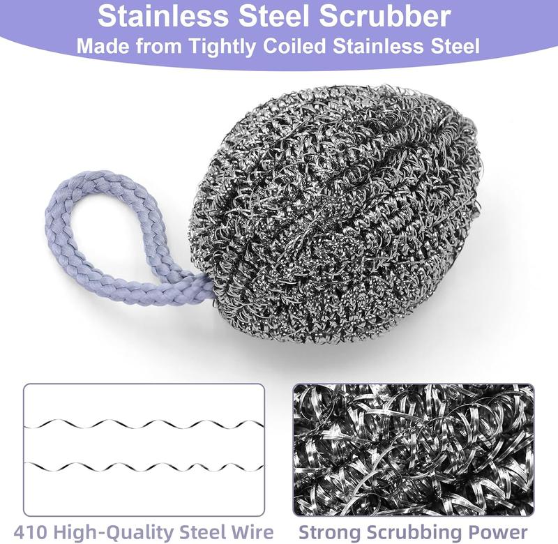 2Pcs Stainless Steel Scrubber,Wire Metal Scrubber with Lanyard | Dirty Cookware Cleaner, Steel Wire Balls for Cleaning Dishes (Silver)