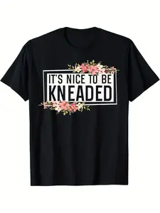 Men'S & Women'S Vintage Massage Therapist T-Shirt - 100% Round Neck Short Sleeve with Floral Kneading Print & "It'S Nice to Be Kneaded" Slogan - All-Season