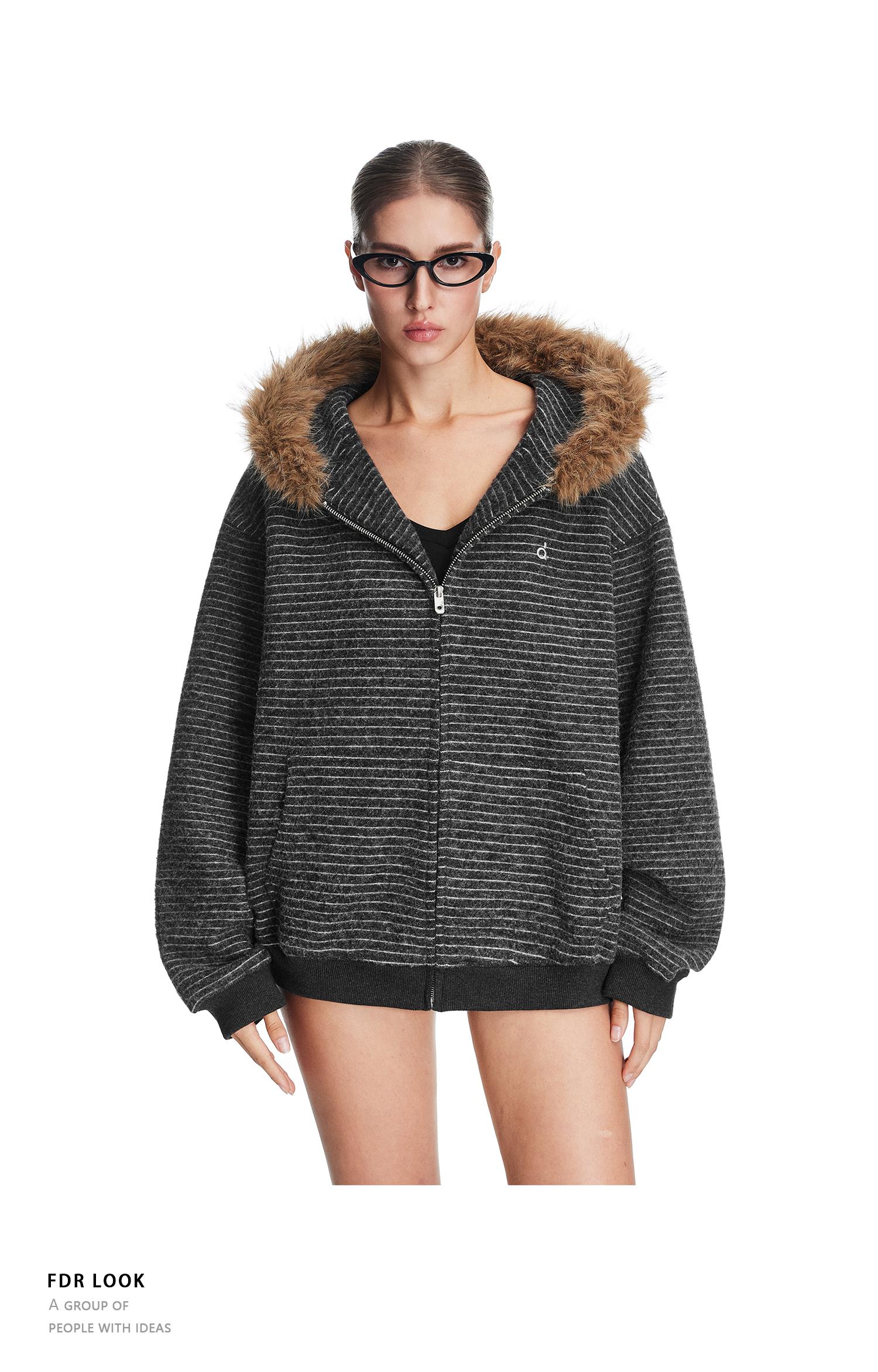 FDR Cozy Striped Fuzzy Hoodie with Faux Fur Collar Zip-up Oversized / Slim Sweater Oversized Fit Long Sleeve Fall / Winter Casual Womenswear Coats Outerwear Tops Jackets Sweatshirt #valentinesday #tiktokshopjumpstartsale #valentinesdaygift SpringStatement