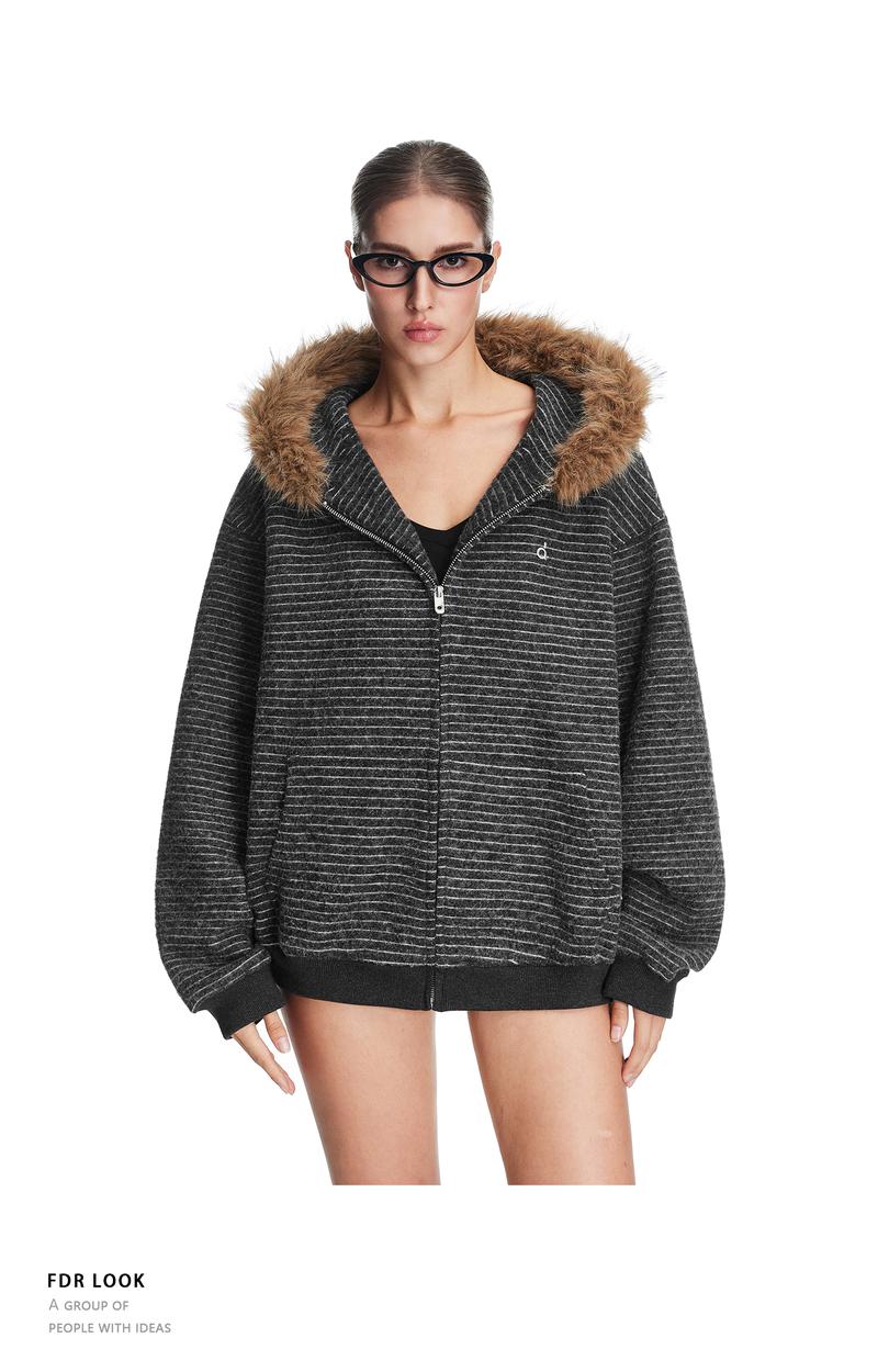 FDR Cozy Striped Fuzzy Hoodie with Faux Fur Collar Zip-up Oversized / Slim Sweater Oversized Fit Long Sleeve Fall / Winter Casual Womenswear Coats Outerwear Tops Jackets Sweatshirt #valentinesday #tiktokshopjumpstartsale #valentinesdaygift