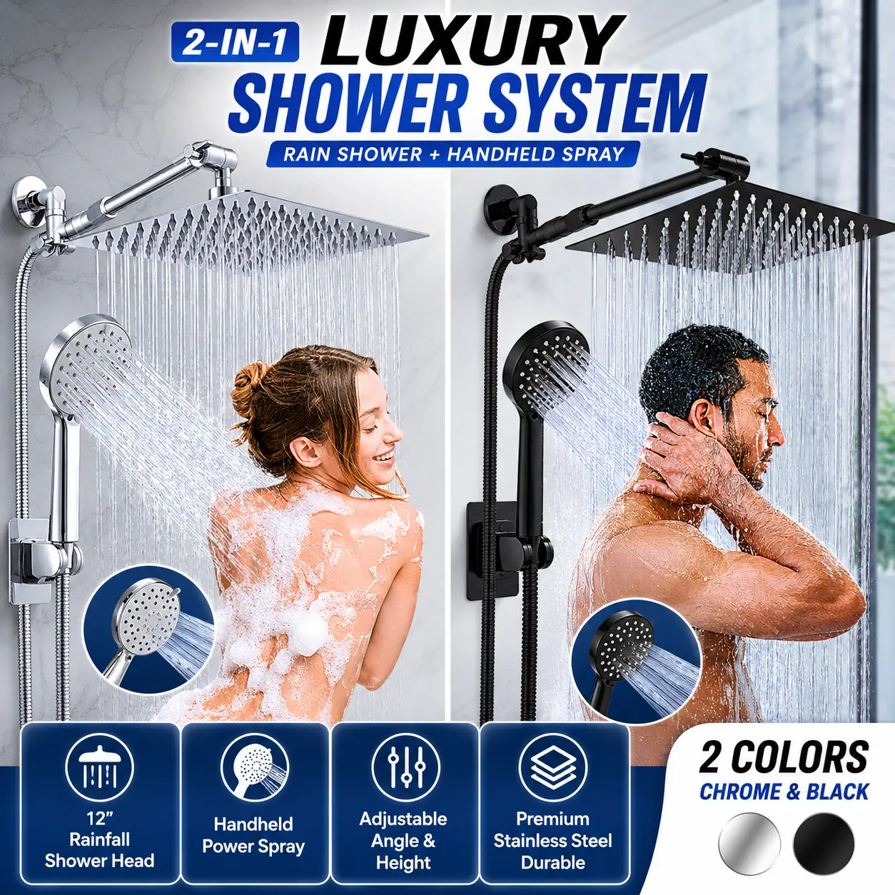 2-in-1 Luxury Rainfall Shower Head System with Handheld Spray, High Pressure Shower Combo, Adjustable Extension Arm, Easy Installation, Chrome & Matte Black