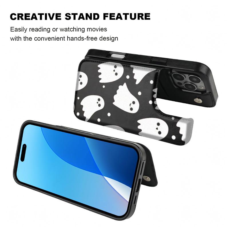 Halloween cute ghost Aesthetic Design Pattern Casing For iphone 16 15 14 13 12 Plus Pro Max Flaunt Mobile Phone Case TPU Pu Leather Card Holder Drop Protection Shockproof Protector Vintage unique Fashion Trend Anti-scratch Stylish Smartphone Cover