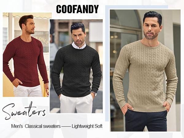 COOFANDY Men's Crewneck Knit Sweater Slim Fit Lightweight Casual Twist Patterned Cable Knitted Pullover