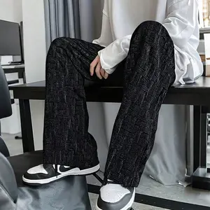 Men’s corduroy straight-leg plaid casual long pants for spring/autumn—trendy, versatile high-street athletic style
