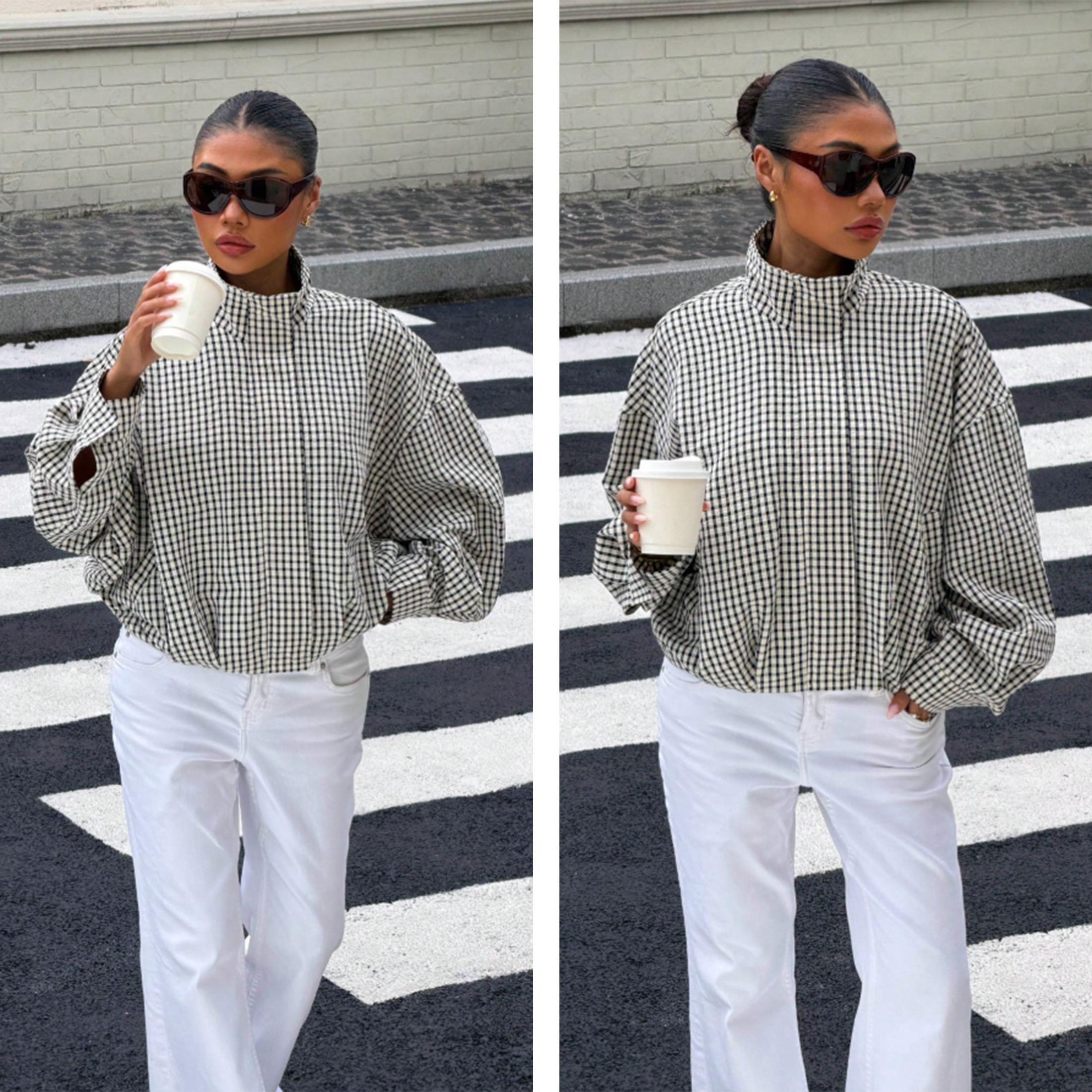 Wandal Women Stand High Neck Gingham Blouse, Oversized Balloon Long Sleeve Vintage Checkered Shirt, Loose Casual Woven Plaid Top