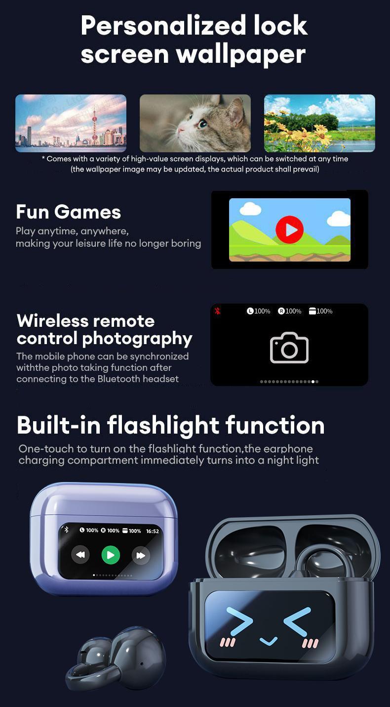 HYUNDAI M100 Clip-On Ear Headphones with Audio-Visual Touch Screen, Wireless Audio Headphones for Music & Phone Calls, Sport Waterproof & Sweatproof, with 2025 Bluetooth 6.0 for Faster, Stable Connection & Low Power Use