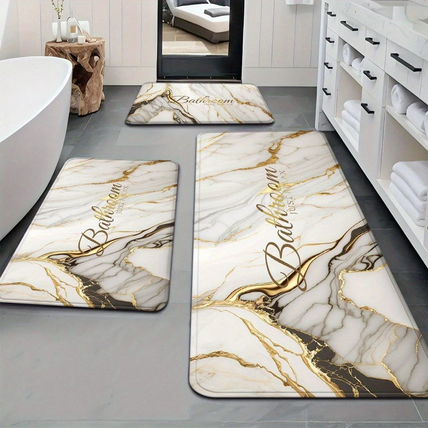 1‑Piece Light luxury style yellow gold-leafed marble with yellow letter pattern long runner rug, suitable for kitchen, bathroom entrance, and laundry room decoration