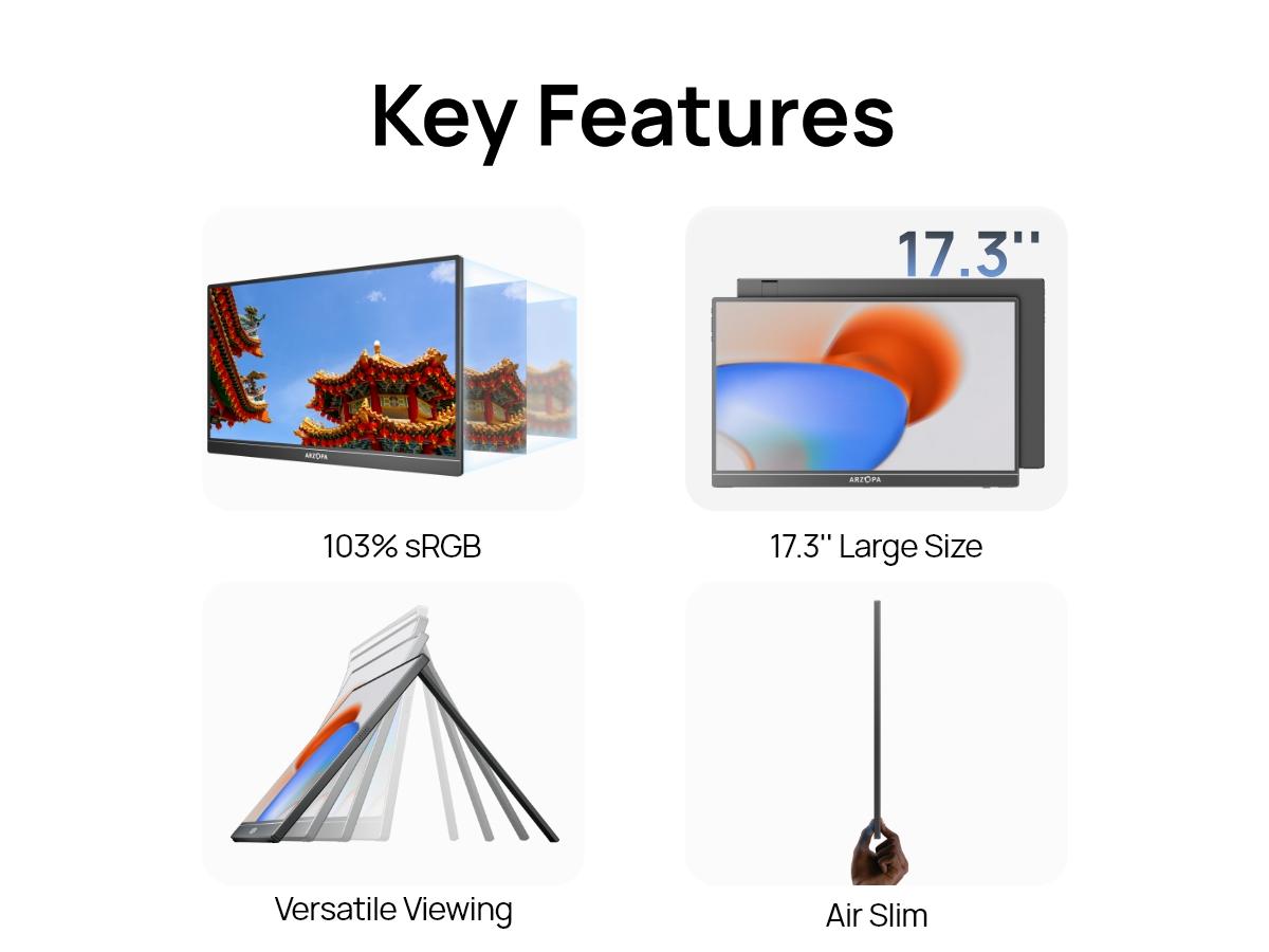 ARZOPA Portable Monitor 16.1"/17.3" FHD 1080P 60Hz/144Hz Laptop Screen Extender for PC Mac Xbox Switch PS5 iPhone IPS Display Computer Display HDR External Screen Game Workfromhome