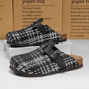 Woven Leather Slip-On Mules for Couples, Closed Toe, Cork Sole, Retro Non-Slip Casual Shoes for Outdoor Wear outdoorfun