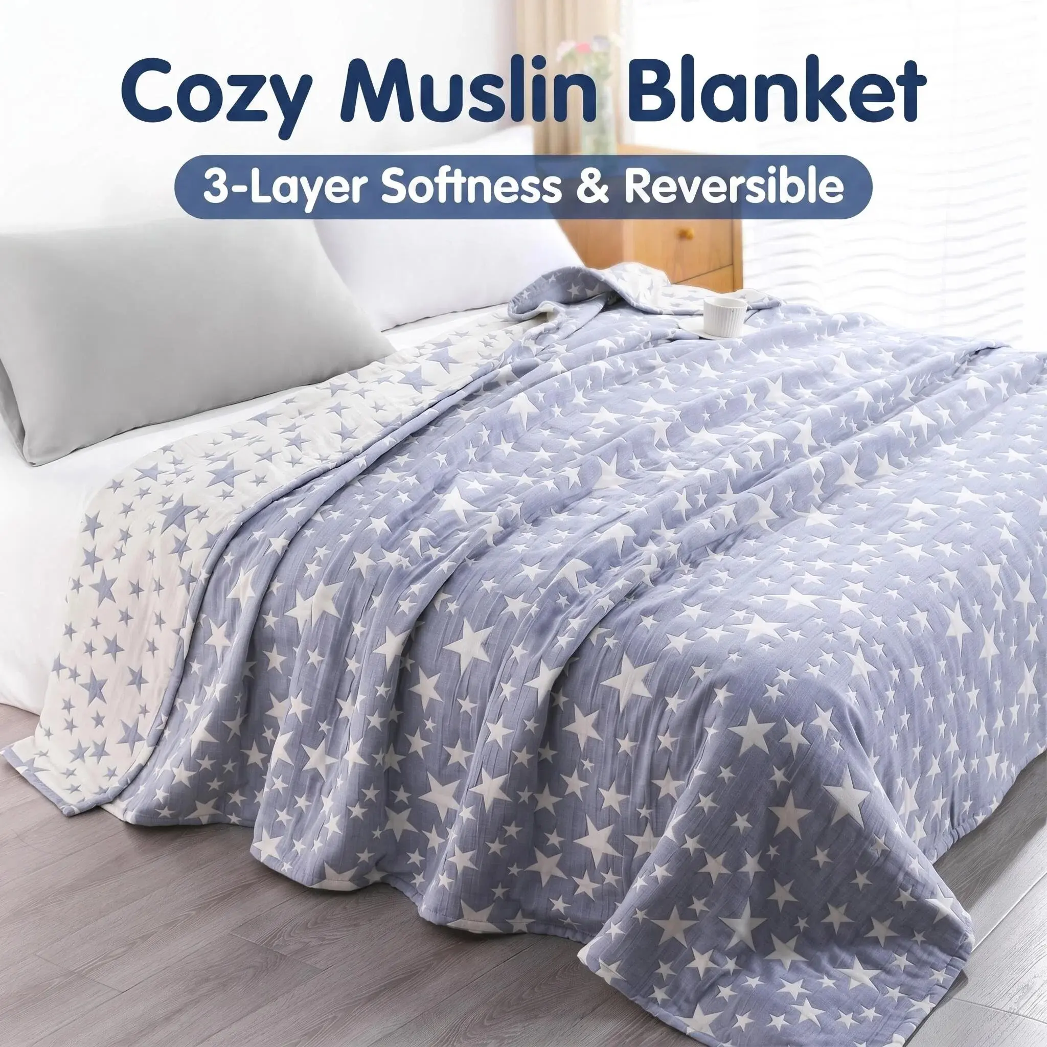 Bedsum 3-Layer Muslin Cotton Jacquard Bed Blanket - Soft Blankets for Home Bedrooms, Napping, All Seasons, Ultra-Soft, Breathable Zigzag Quilt, Year-Round Use
