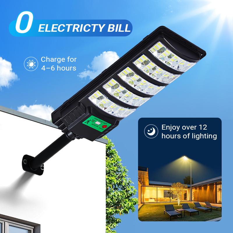Solar Street Light Outdoor Super Bright 120LM/W 5730 LEDs IP65 Waterproof Motion Sensor Wall Pole Mount Solar Lamp with Remote Control 3 Modes for Yard Garage Road Warehouse