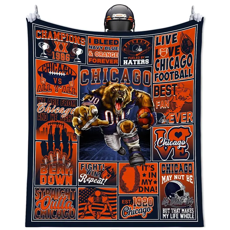 Chicago Football Fan Flannel Blanket-Soft, Comfortable, Warm, Suitable for Sofa, Bed, Office,Travel-Vintage Design with Bear Player lllustration and Team History, Machine Washable,Comfortable for All Seasons, perfect Gift for Men and Women