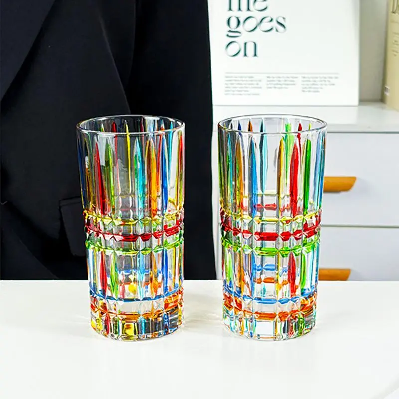 4-Piece Christmas Hand-Painted Striped Highball Glass Set, 11.5oz Kitchen Drinkware Tumblers – Colorful Assorted Colored Cocktail Tumblers for Iced Coffee, Wine, Cocktail Glasses, Colorful Glass Glasses