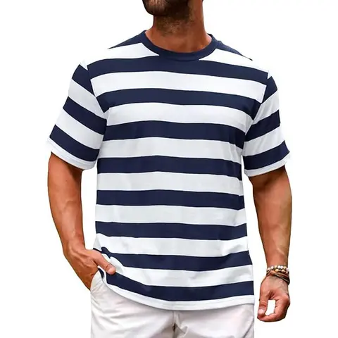 Runcati Mens Short Sleeve T-Shirts Striped Casual Crewneck Basic Shirt Color Block Stretch Summer Beach Tees