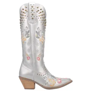 Dingo Womens Poppy Floral Embroidered Metallic Studded Snip Toe Casual Boots Knee High Mid Heel 2-3" - Silver Dingo Womens Poppy Floral Embroidered Metallic Studded Snip Toe Casual Boots Knee High Mid Heel 2-3" - Silver