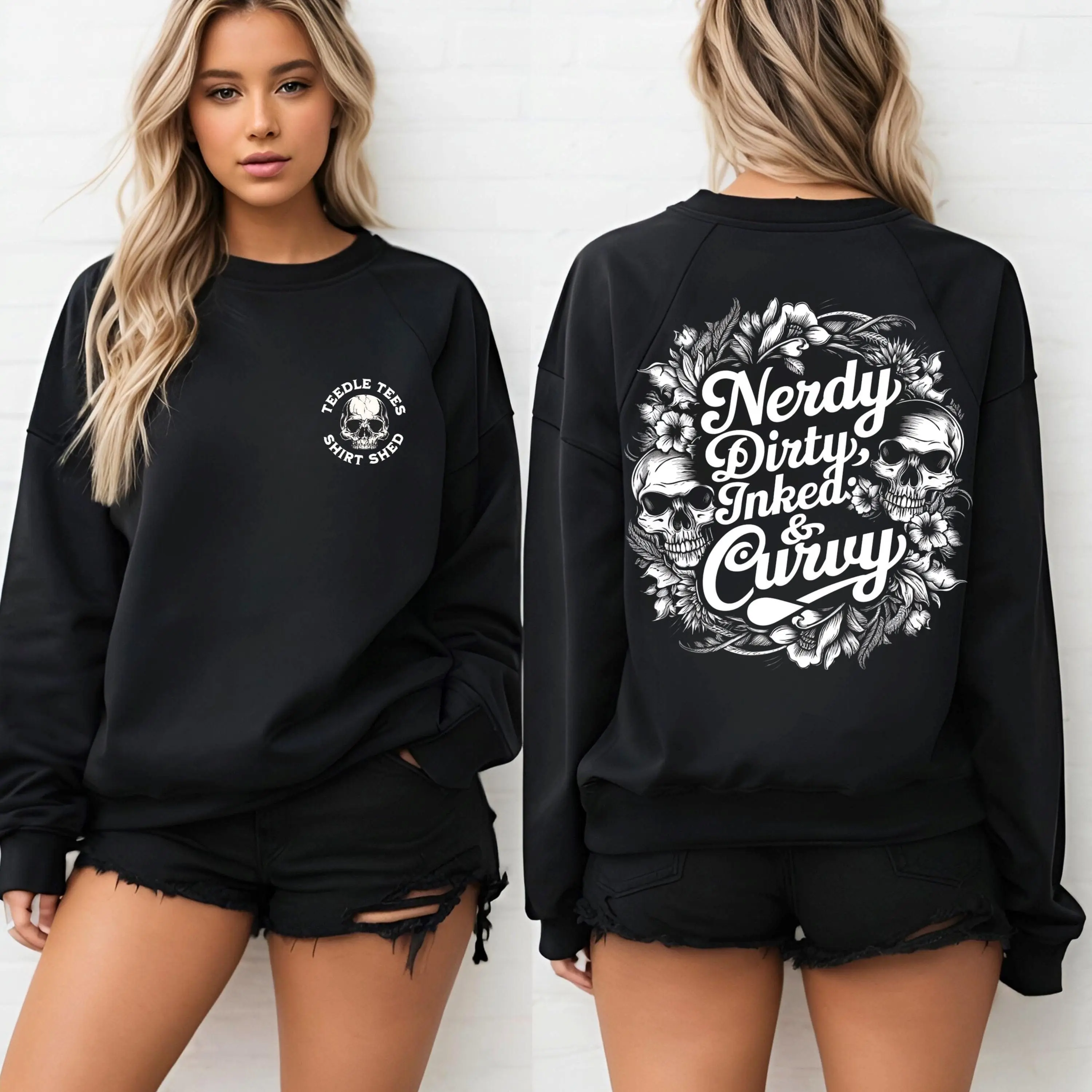 Nerdy Dirty Inked and Curvy Sweatshirt, Workout Sweatshirt, Tattooed Girl, Curvy Girl Shirt, Boss Babe Shirt, Gym Pump Cover, Inked Up Babes Cotton Tops Lady Crewneck Womenswear