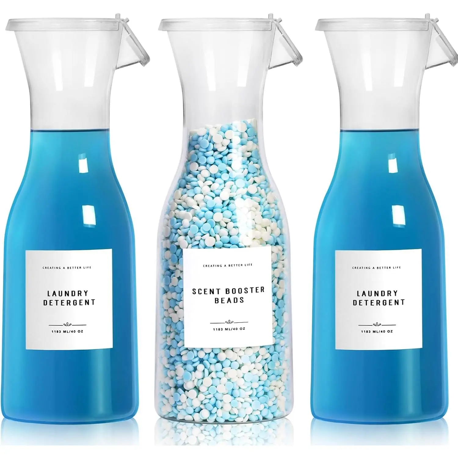 Laundry Detergent Dispenser Bottle 40oz with  Label for Laundry Detergent Soap Fabric Softener Bleach Scent Booster Beads, Sturdy PET Bottle for Laundry Room Decor 3 Pack
