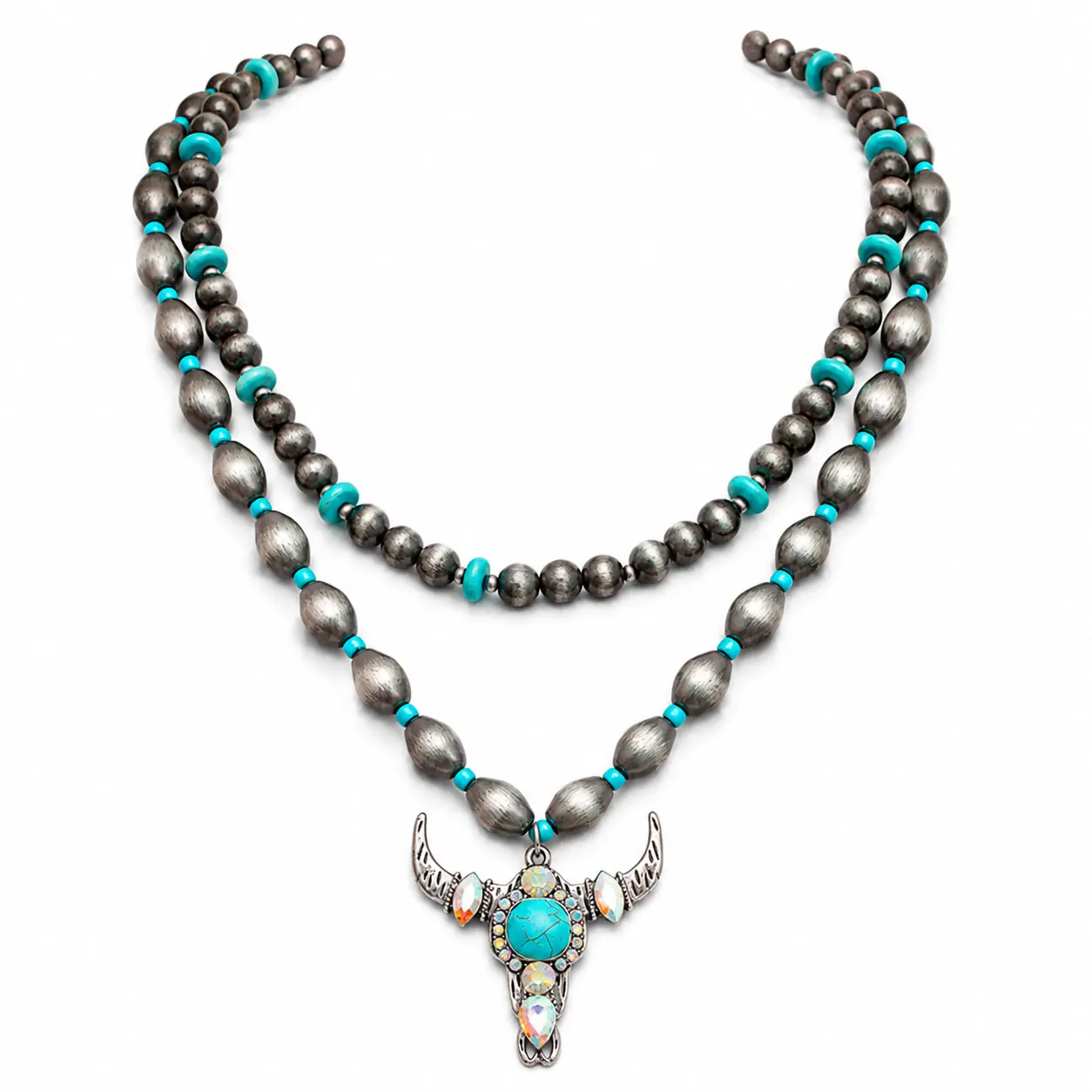 XL-A31-Western Boho Bull Skull Necklace | Antique Silver Tone Ball Chain with Turquoise Color Flower Inlay | Vintage Cowboy Pendant for Women & Men