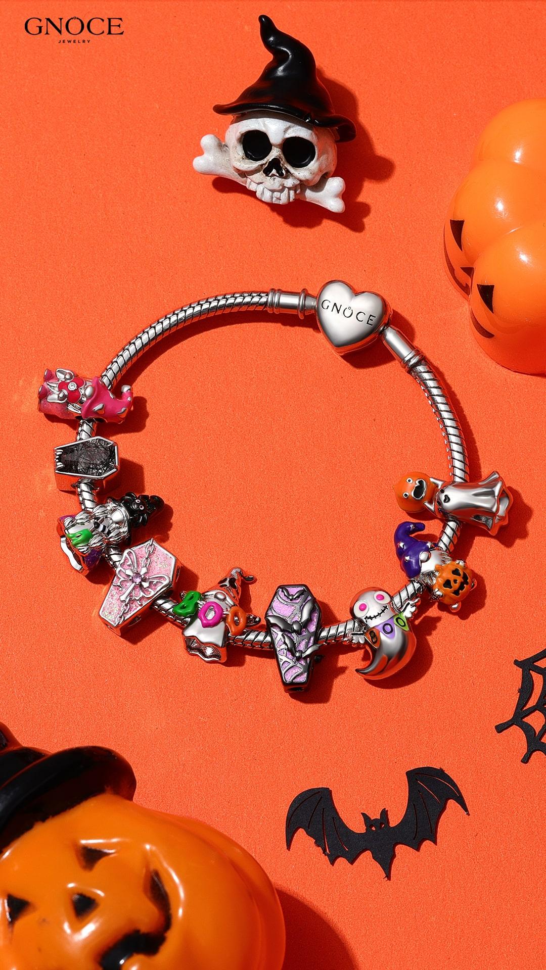 GNOCE Halloween Charm Bead for Bracelets Cubic Zirconia & Enamel Pumpkin Skull Coffin Cat Ghost Beads for Women Girls Dark Gothic Punk Style Fits Snake Bracelets Necklaces