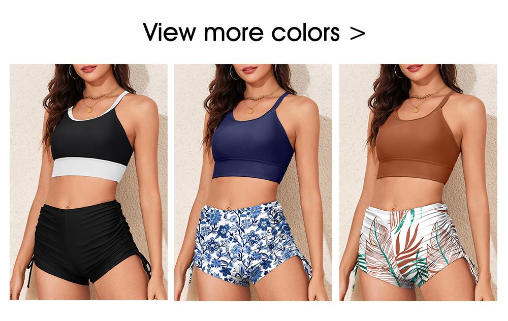 Aleumdr Women's Floral Print Drawstring Boyshorts Swimsuits Criss Cross Top Bikini Sets High Waisted Two Pieces Bathing Suits Beach Swimming Clothing Pink White