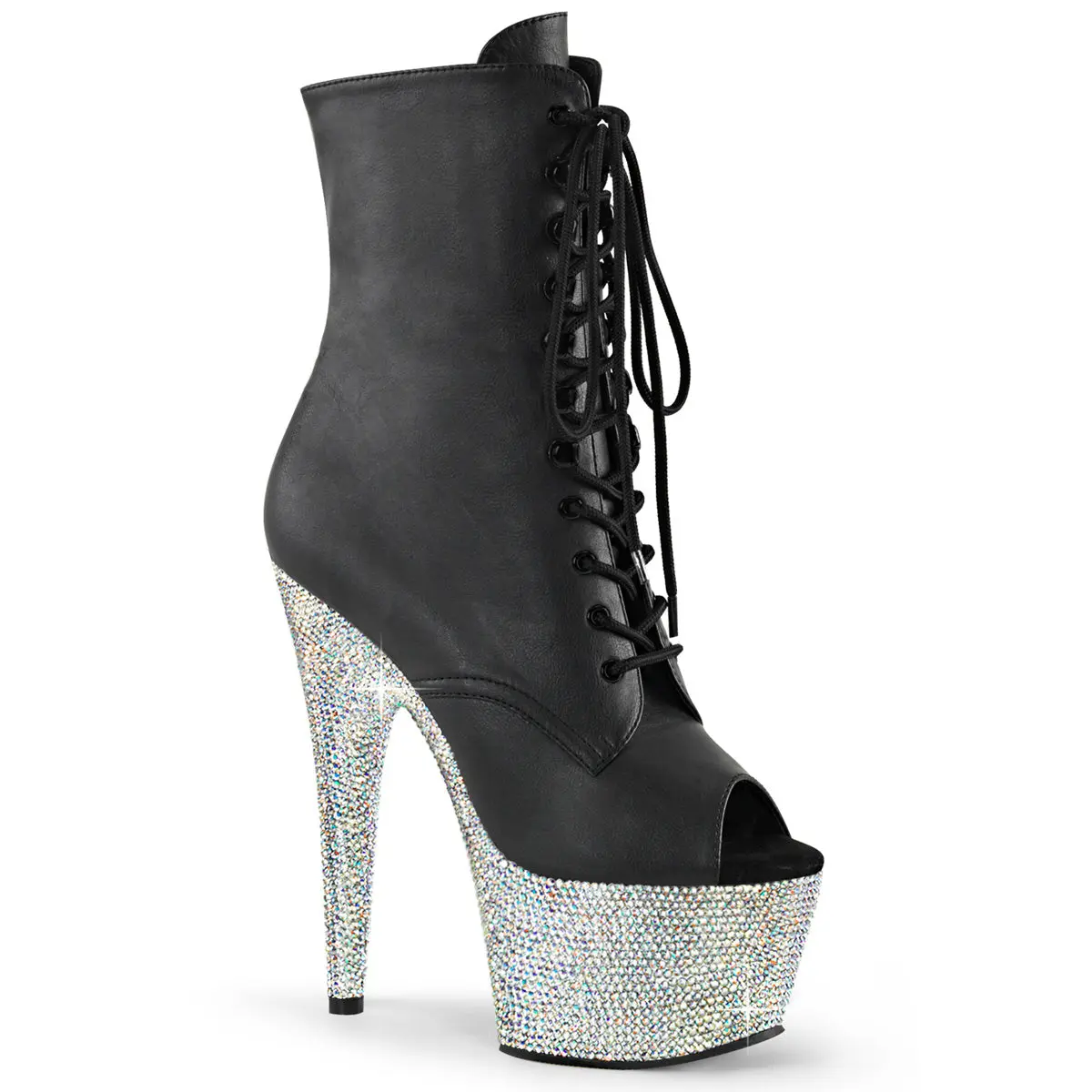 Pleaser Women's Peep Toe Ankle Boot in Black Synthetic Leather with a 7" Heeled Rhinestone Platform, Lace-Up Party Shoe, Footwear, Black Vegan Leather/Silver