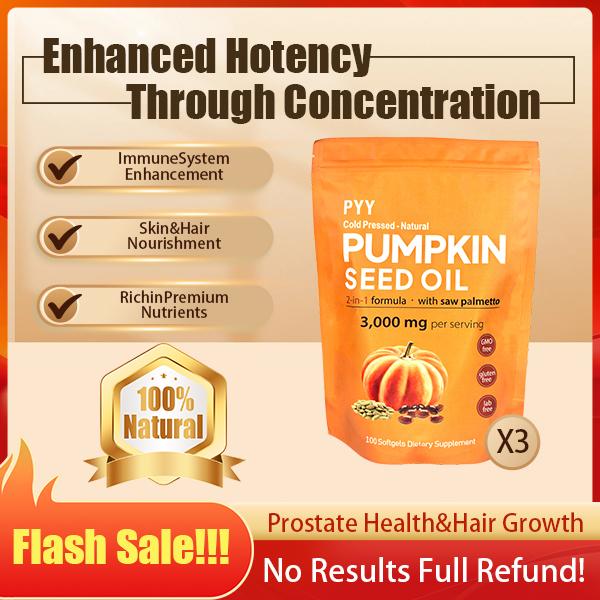 PYY Natural Pumpkin Seed Oil & Saw Palmetto Softgels 3000mg High Content Plant Esters 300 Capsules Supplement for Hair and Prostate Support Cold Pressed Non-GMO Healthcare Formula